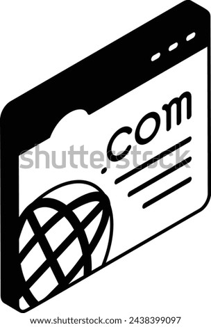 The domain com isometric concept, dot-com or web site address vector outline icon, Webdesign and Development symbol, user interface or graphic sign, website engineering stock illustration