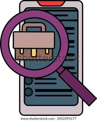 Job Hunting or finding mobile screen concept, Magnifying glass with bag on cellphone vector icon design, out of work symbol, Layoff sign, Unwaged stock illustration