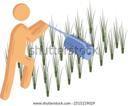 cultivation tiller with farmer isometric concept, break up hard and compact soil vector icon design, Lawn Gardening symbol Farm and Plant sign agriculture and horticulture equipment stock illustration