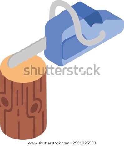 Power chainsaw cutting wood plank of felled tree trunk isometric concept, Electric Log Cutter limbing vector icon design, timber and lumber Symbol, Forestry Deforestation sign mill yard and sawworks