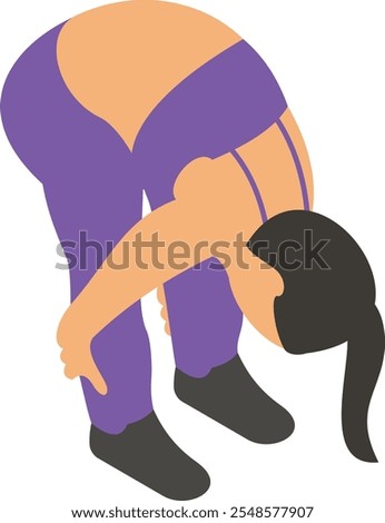 Girl Performing Standing Forward Bend isometric concept, yoga pose vector icon design, Fitness Wellness symbol, Workout Weightlifting sign Personal training equipment stock illustration