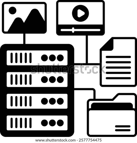 Media Server Rack vector icon design, Web hosting service Symbol, Computing machines Sign, Internet Application Management stock illustration, Spaces Object Storage concept