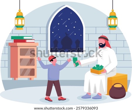 Traditional Saudi Man wearing thawb and shemagh Cash Giving to Kids concept, Eidi Money Generosity and Giving vector icon design, Ramadan and Eid al-Fitr Banner Muslim fasting month scene, Arab