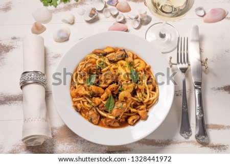 Similar – Image, Stock Photo Spaghetti ai frutti di mare on plate