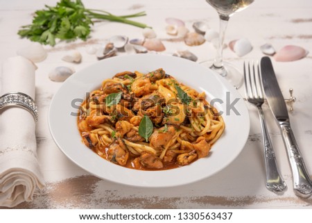 Similar – Image, Stock Photo Spaghetti ai frutti di mare on plate