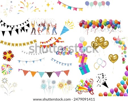 Cartoon Birthday party celebration balloons,carnival party decorations,candy and candles vector illustration set,anniversary gif ribbon best new 