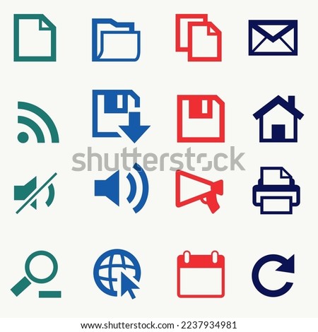 Website icon set. Icon include, paper as paste, copy, document, email, sound, home, calendar, globe, search, bluetooth and saving icon. 