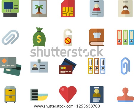 Color flat icon set cookbook flat vector, SIM card, credit, wealth, heart, clip, badge, archive, folders for papers, indentity fector, hotel first line, cash dispenser, photo, do not disturb, stamp