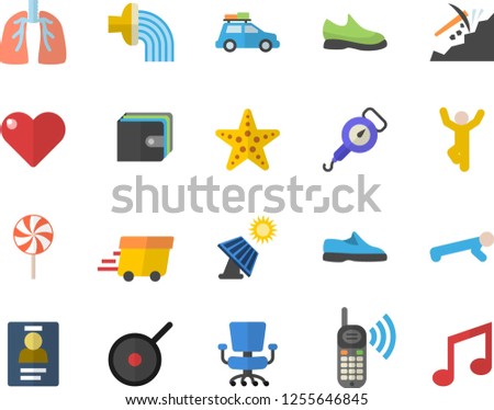 Color flat icon set teflon flat vector, spring balance, lollipop, hose irrigation, solar battery, mining, purse, phone call, express delivery, lungs, badge, office chair, sneakers, push up, starfish
