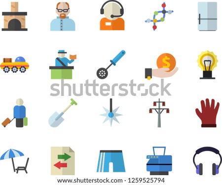 Color flat icon set kitchen spoon flat vector, fridge, shovel, gloves, fireplace, power line support, laser, investments, telephone operator, copy machine, scientist, lunar rover, dna, chaise lounge