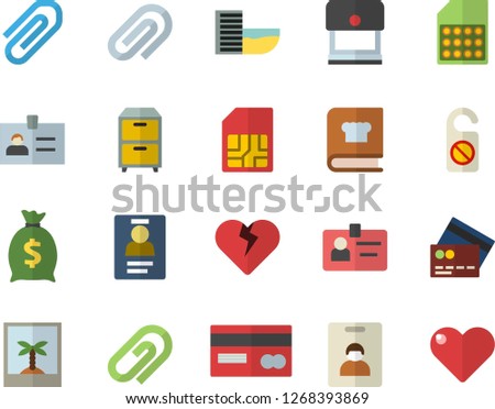 Color flat icon set cookbook flat vector, SIM card, credit, wealth, clip, badge, archive, indentity fector, hotel first line, photo, do not disturb, stamp, heart