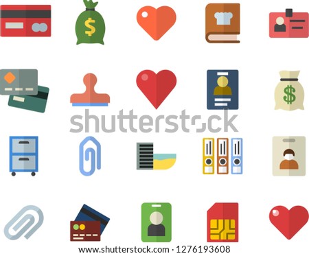 Color flat icon set cookbook flat vector, SIM card, credit, wealth, heart, clip, badge, archive, folders for papers, indentity fector, hotel first line, pass, stamp