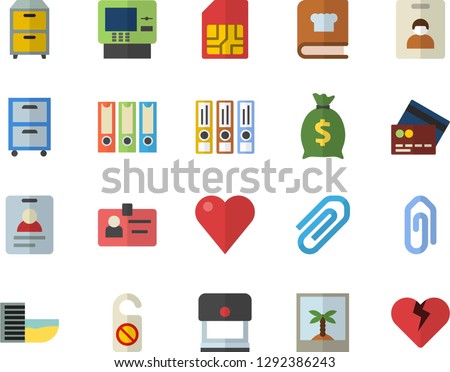 Color flat icon set cookbook flat vector, SIM card, wealth, heart, clip, badge, archive, folders for papers, indentity fector, hotel first line, credit, cash dispenser, photo, do not disturb, stamp