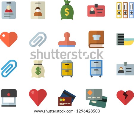 Color flat icon set cookbook flat vector, credit card, wealth, heart, clip, badge, archive, folders for papers, indentity fector, hotel first line, stamp