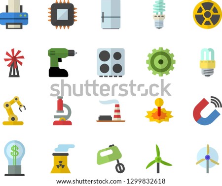 Color flat icon set drill screwdriver flat vector, energy saving lamp, electric stove, mixer, fridge, windmill, factory, radiation, laser, motherboard, magnet, cogwheel, idea, printer, microscope