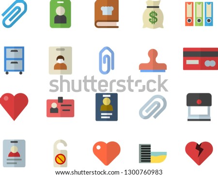 Color flat icon set cookbook flat vector, credit card, wealth, heart, clip, badge, archive, folders for papers, indentity fector, hotel first line, pass, do not disturb, stamp