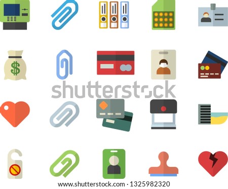 Color flat icon set SIM card flat vector, credit, wealth, heart, clip, folders for papers, indentity fector, hotel first line, cash dispenser, pass, do not disturb, badge, stamp