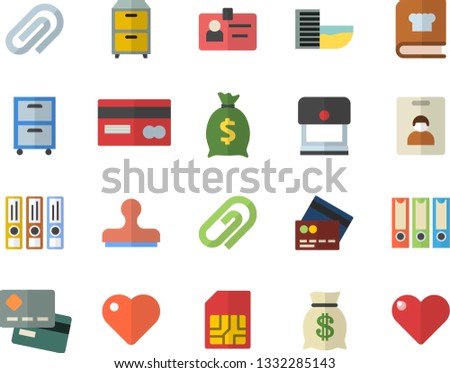 Color flat icon set cookbook flat vector, SIM card, credit, wealth, heart, clip, badge, archive, folders for papers, indentity fector, hotel first line, stamp
