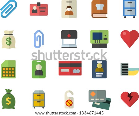 Color flat icon set cookbook flat vector, SIM card, credit, wealth, heart, clip, badge, archive, indentity fector, hotel first line, cash dispenser, pass, do not disturb, stamp