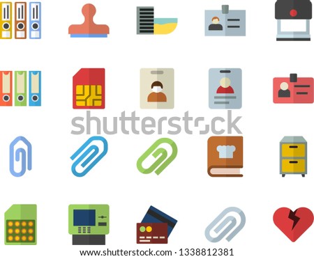 Color flat icon set cookbook flat vector, SIM card, clip, badge, archive, folders for papers, indentity fector, hotel first line, credit, cash dispenser, stamp, heart