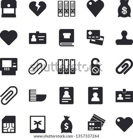 Solid vector icon set - cookbook flat vector, SIM card, credit, wealth, heart, clip, badge, folders for papers, indentity fector, hotel first line, cash dispenser, photo, do not disturb, stamp