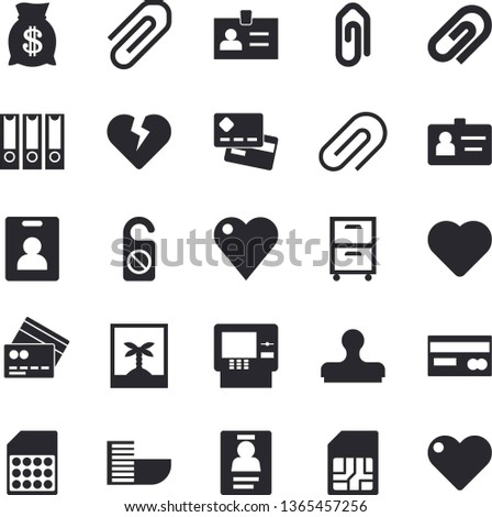 Solid vector icon set - SIM card flat vector, credit, wealth, heart, clip, badge, archive, folders for papers, indentity fector, hotel first line, cash dispenser, photo, do not disturb, stamp