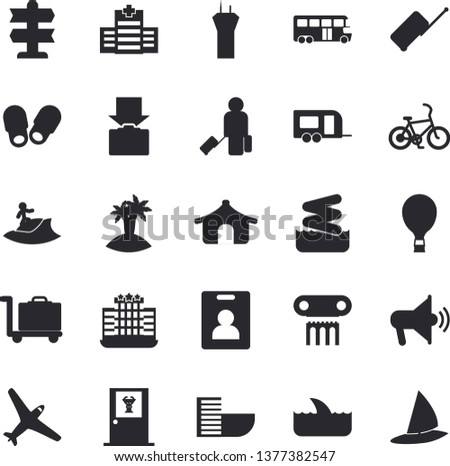 Solid vector icon set - aircraft flat fector, trailer, bus, antique column, indentity card, airport tower, bicycle, balloon, luggage, tent, hotel first line, get, island, surfing, doctor's office