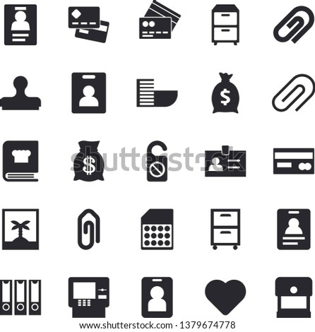 Solid vector icon set - cookbook flat vector, SIM card, credit, wealth, heart, clip, badge, archive, folders for papers, indentity fector, hotel first line, cash dispenser, photo, pass, stamp