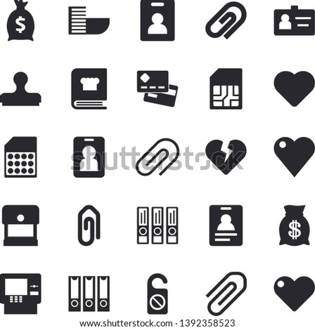 Solid vector icon set - cookbook flat vector, SIM card, credit, wealth, heart, clip, badge, folders for papers, indentity fector, hotel first line, cash dispenser, pass, do not disturb, stamp