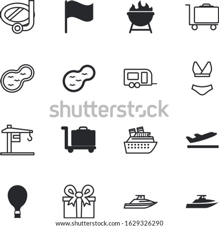 holiday vector icon set such as: party, meat, backyard, off, deco, house, swimming, goggles, tools, minimal, food, gold, international, equipment, departure, ornament, caravan, diver, vehicle, peal