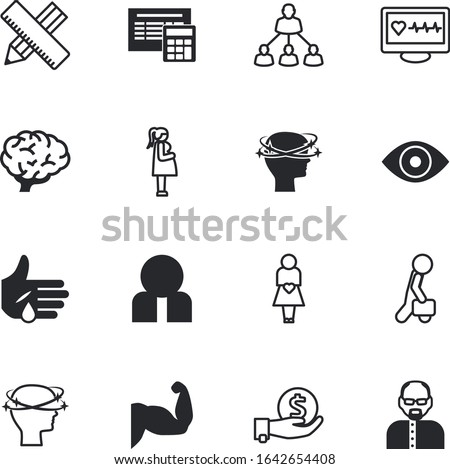 human vector icon set such as: body, indicate, solution, diagnosis, examination, brainstorm, broke, left, lab, desktop, eye, calculator, resonance, balance, web, muscle, point, group, interface