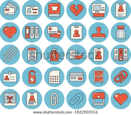 Thin line blue tinted icon set - cookbook flat vector, SIM card, credit, wealth, heart, clip, badge, archive, folders for papers, indentity, hotel first line, cash dispenser, photo, pass, stamp