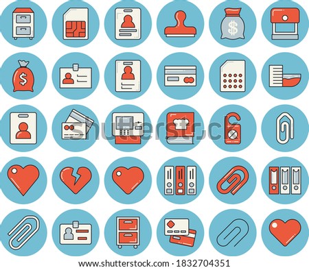 Thin line blue tinted icon set - cookbook flat vector, SIM card, credit, wealth, heart, clip, badge, archive, folders for papers, indentity, hotel first line, cash dispenser, do not disturb, stamp