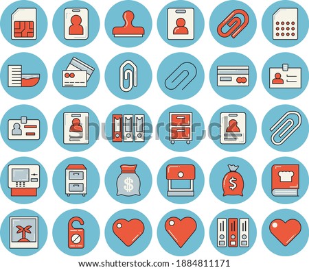 Thin line blue tinted icon set - cookbook flat vector, SIM card, credit, wealth, heart, clip, badge, archive, folders for papers, indentity, hotel first line, cash dispenser, photo, pass, stamp