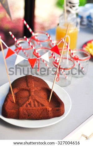 star wars darth vader birthday chocolate cake with bunting on the candy bar