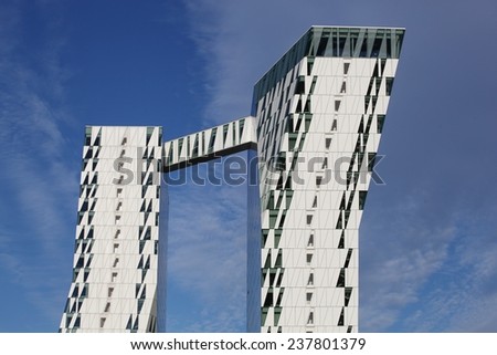 Copenhagen Denmark - June 7, 2014: The Bella Sky Comwell Hotel is a 4-star conference hotel adjacent to the Bella Convention and Congress Center in the Orestad district of Copenhagen, Denmark.