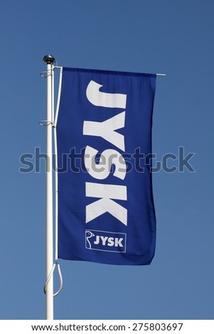 Aarhus, Denmark- May 1, 2015: Jysk store sign.  Jysk store is a danish retail chain, selling bedding, furniture and decoration