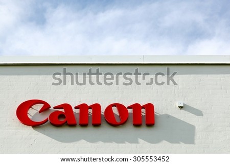 Aarhus, Denmark - August 8, 2015: Canon logo on a facade.\
Canon is a Japanese multinational corporation specialized in the manufacture of imaging and optical products