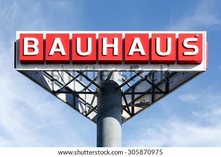 Aarhus, Denmark - August 8, 2015: Bauhaus logo in the sky Bauhaus is a Swiss-headquartered pan-European retail chain offering products for home improvement, gardening and workshop.