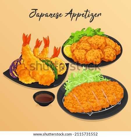 Japanese appetizers menu recipe illustration vector.
(Tonkatsu Shrimp Tempura and Chicken Karaage)