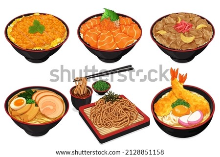 Japanese food recipes with rice and noodles illustration vector.  (Katsudon, Salmon Ikura Don, Gyudon, Ramen, Soba and Tempura Udon)