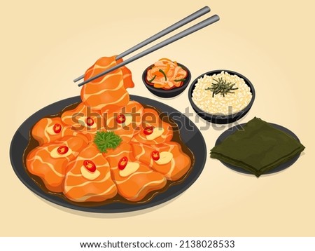 Salmon marinated shoyu set menu illustration vector.
