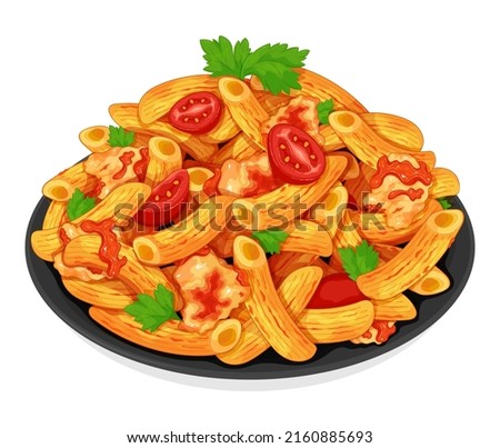 Italian penne pasta noodles with chicken, dill and tomato. Italian noodles food recipes. Healthy pasta spaghetti noodles menu close up illustration vector.