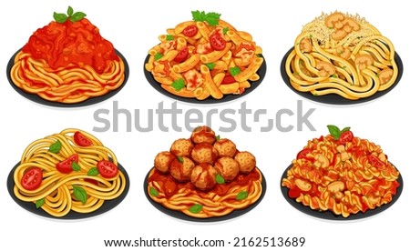 Italian pasta noodles set menu. Italian noodles food recipes collection. Vegan pasta spaghetti noodles menu close up illustration vector. (Mushroom, Penne, meatballs, Fusilli )