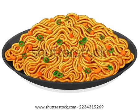Asian stir fry noodles recipe illustration vector.
Chinese stir fry noodles with carrots and onions recipe.
Japanese soba noodles. Asian food noodle drawing.