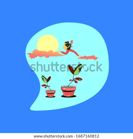 illustration of a human thief who jumps away from eating meat-eating plants