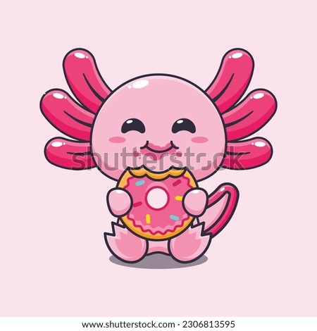 axolotl eating donut cartoon vector illustration.
Vector cartoon Illustration suitable for poster, brochure, web, mascot, sticker, logo and icon.