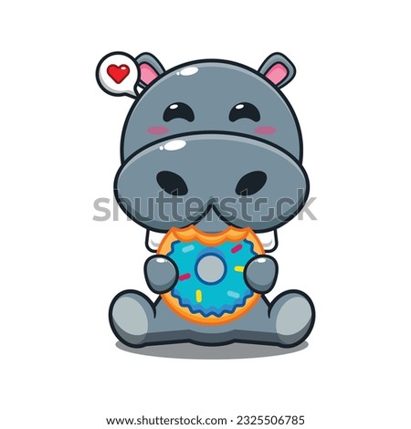 hippo eating donut cartoon vector illustration.