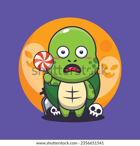 Cute turtle scared by ghost in halloween day. Cute halloween cartoon illustration. 