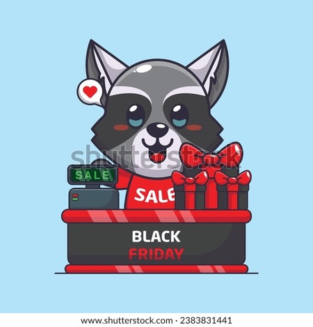 cute raccoon with cashier table in black friday sale cartoon vector illustration